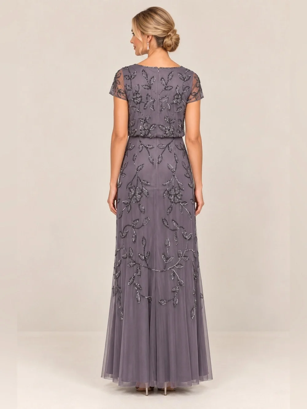 Adrianna Papell Size 6 Moonscape/Dusty Purple Beaded Floral Formal Gown NWT GALA